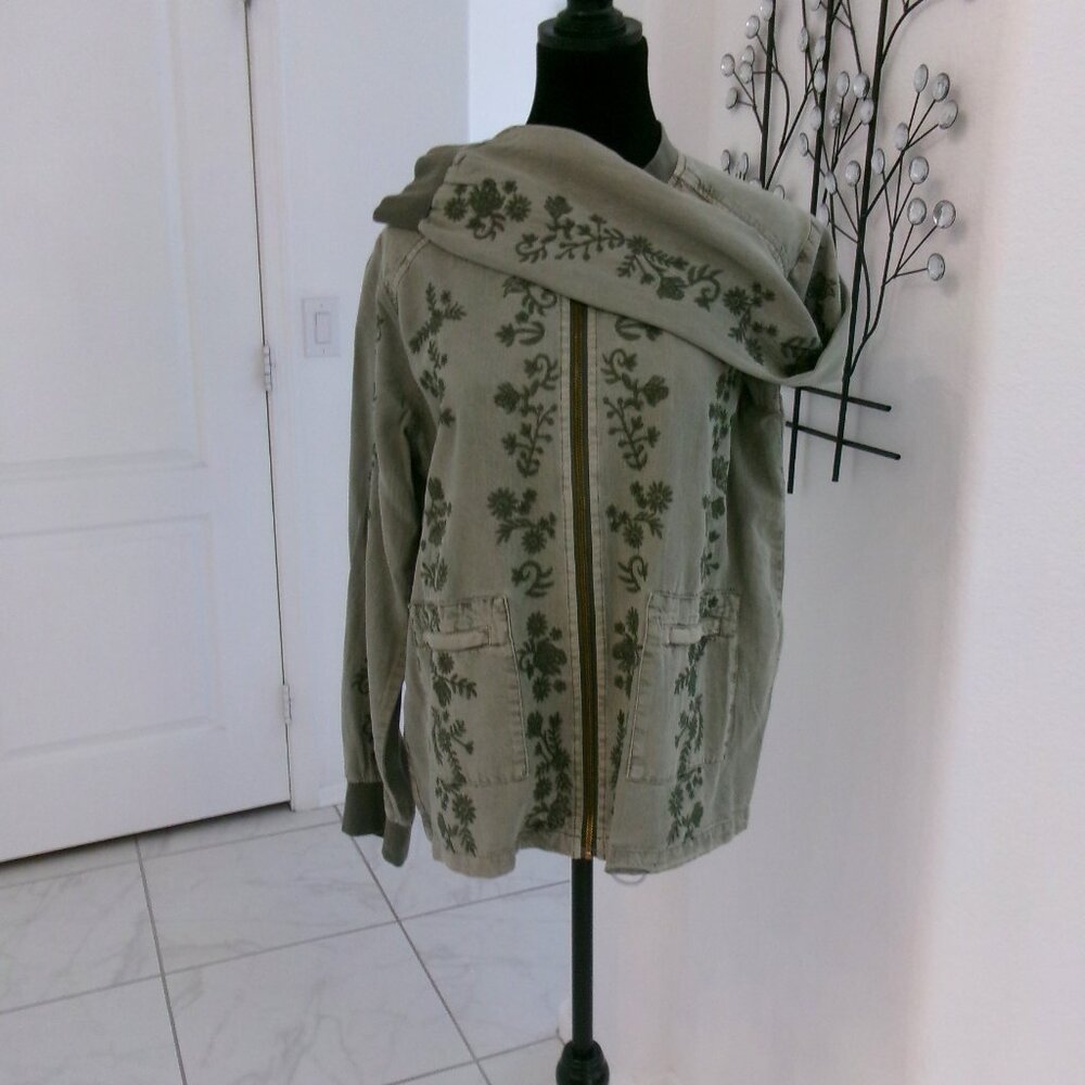Olive Army Green Boho Embroidered Lightweight Jacket Zip Front Pockets M Love 8
